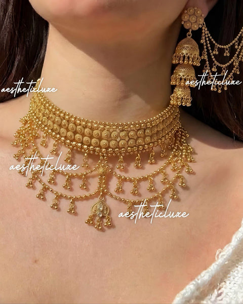 Gold Plated Chatai Choker Set | Dainty Bridal Layered Necklace & Bahubali Jhumka Earrings | Heritage Indian Jewelry | Antique Gold Polish