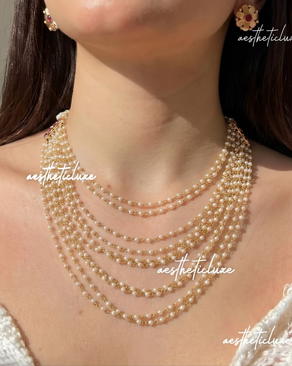Ivory Pearl Necklace & Earrings Set | Gold Layered Indian Bridal Jewelry | Maharani Wedding Necklace | Bollywood Statement Jewelry Set