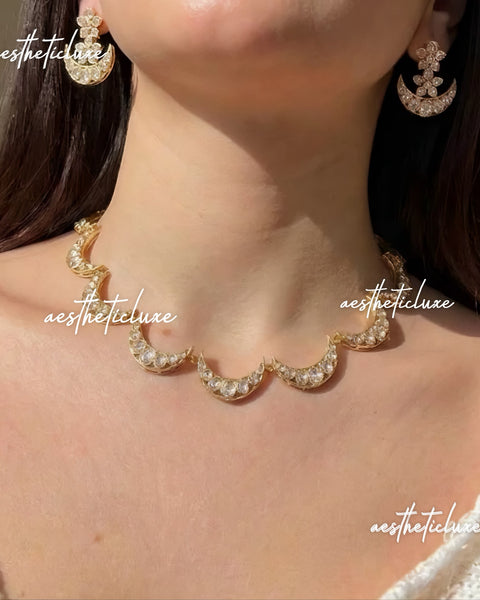 Gold CZ Crescent Moon Necklace & Earrings Set | Chandrakor Indian Jewelry Set | Bollywood Bridal Wedding AD Statement Necklace Set