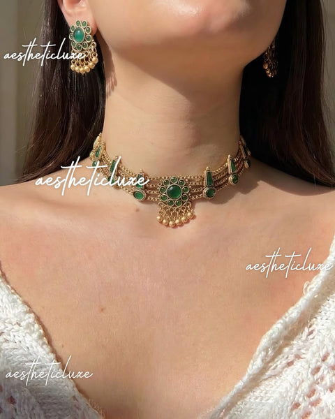 Green Kemp Choker Necklace & Earrings Set | Antique Gold South Indian Jewelry | Floral Bridal Set | Temple Bridal Jewelry | Gift for Her