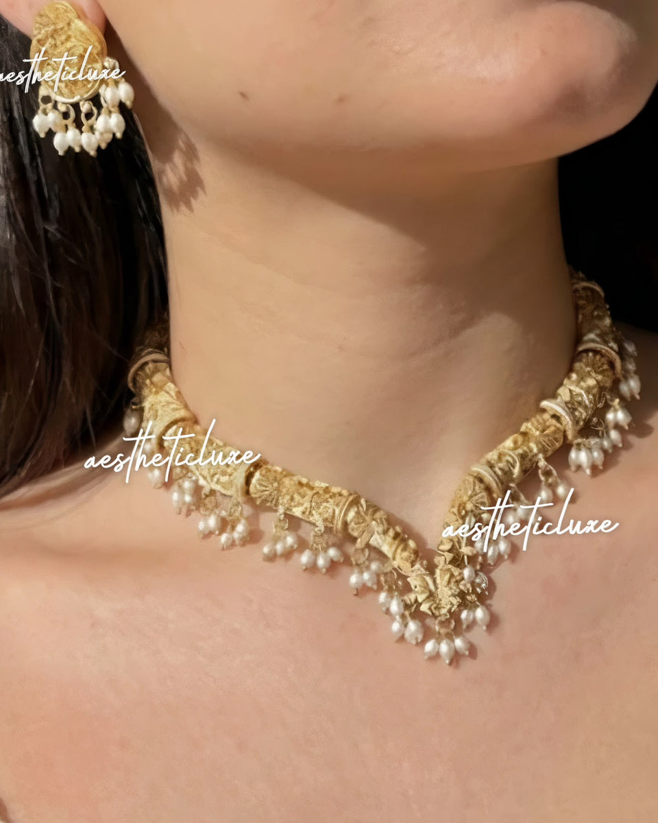 Gold Pearl Choker Necklace & Earrings Set | Indian Bridal Jewelry | Gota Patti Necklace | Traditional Wedding Jewelry | Bridal Gift for Her