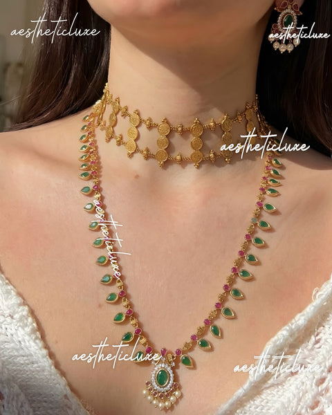 South Indian Green Kemp Manga Malai Necklace Set | Antique Gold Kasu Coin Temple Jewelry | Traditional Indian Bridal Necklace & Earrings