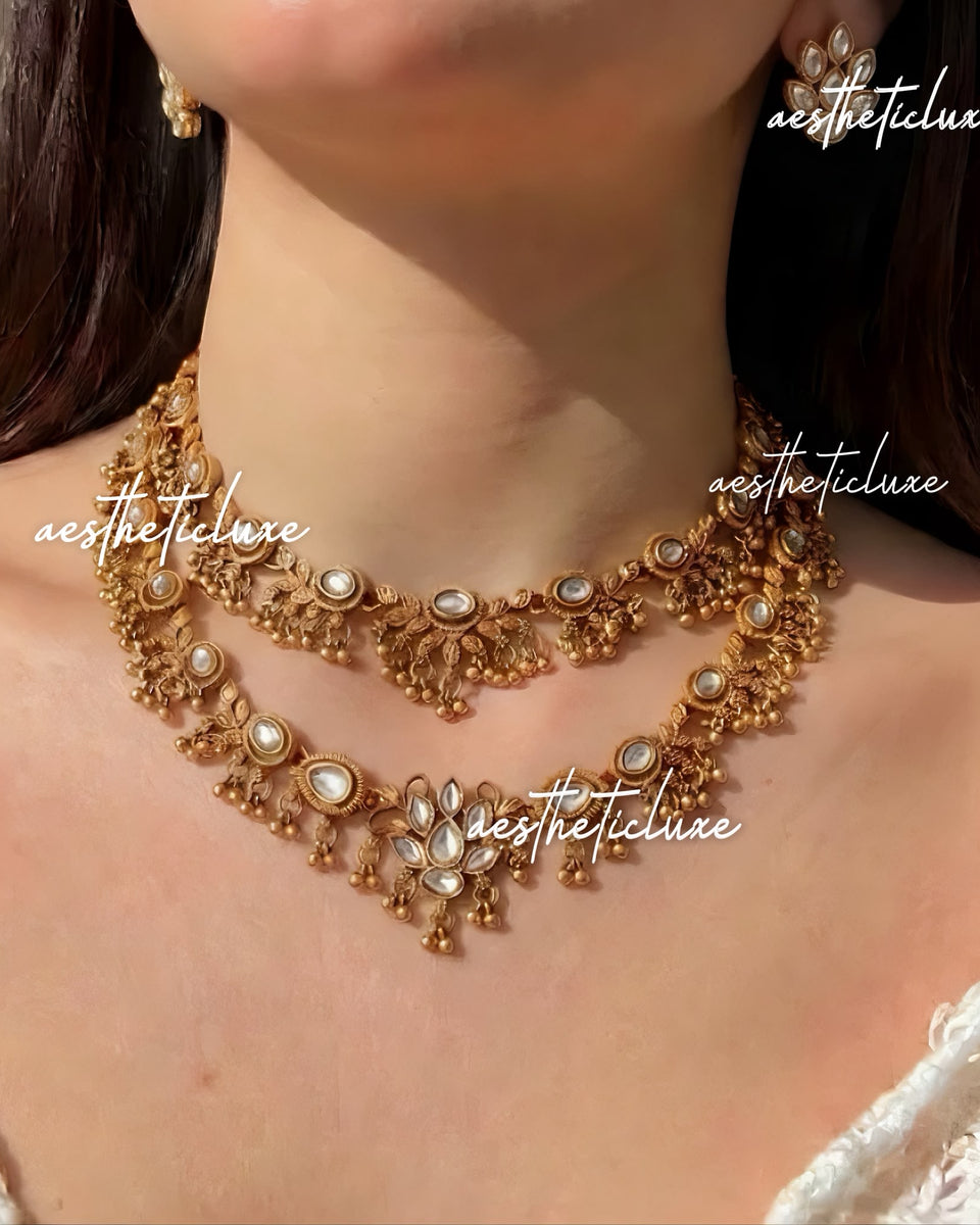 Antique Gold Kundan Layered Necklace & Earrings Set | Polki Indian Bridal Jewelry | Traditional Wedding Necklace | Statement Jewelry Set