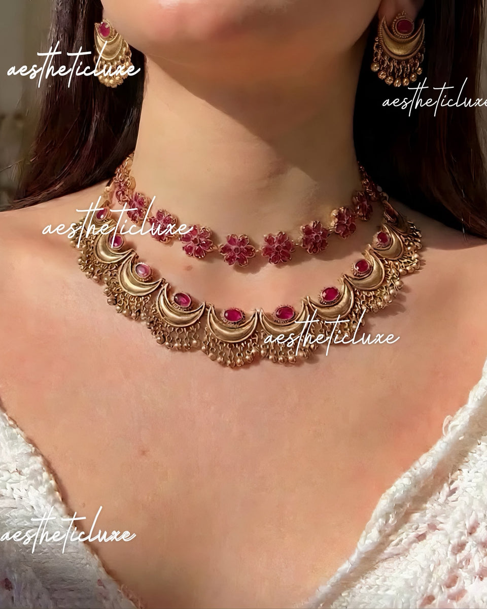 South Indian Red Kemp Layered Necklace Set | Floral Antique Gold Temple Jewelry | Indian Bridal Necklace & Earrings | Wedding Jewelry Set