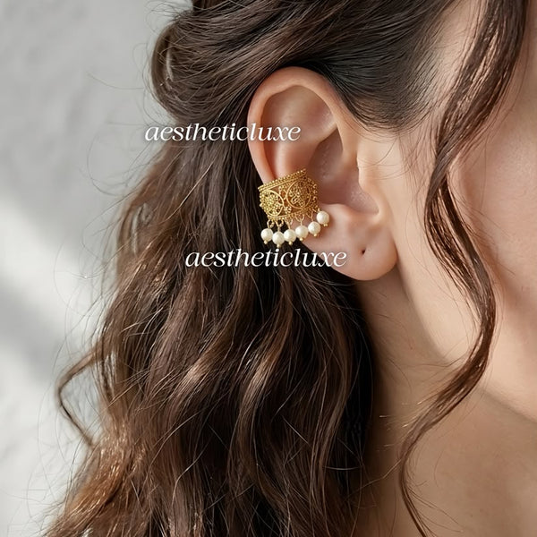 Marathi Bugadi Earcuffs | Gold Plated Pearl Bugadi Earrings | Temple Earrings | Indian wire earrings | No Piercing Ear Cuffs