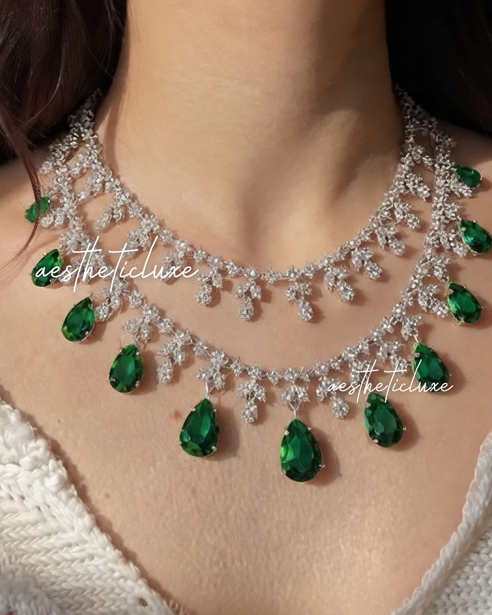 Tara Sutaria Inspired Emerald American Diamond 2 Layer Necklace Set with Earrings and Tikka | CZ AD Green Bridal Wedding Engagement Jewelry