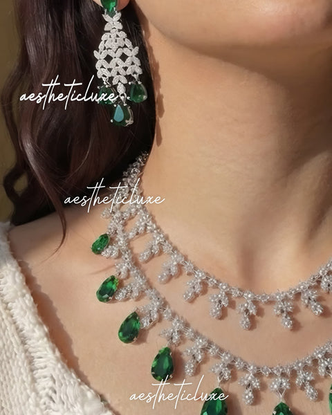 Tara Sutaria Inspired Emerald American Diamond 2 Layer Necklace Set with Earrings and Tikka | CZ AD Green Bridal Wedding Engagement Jewelry