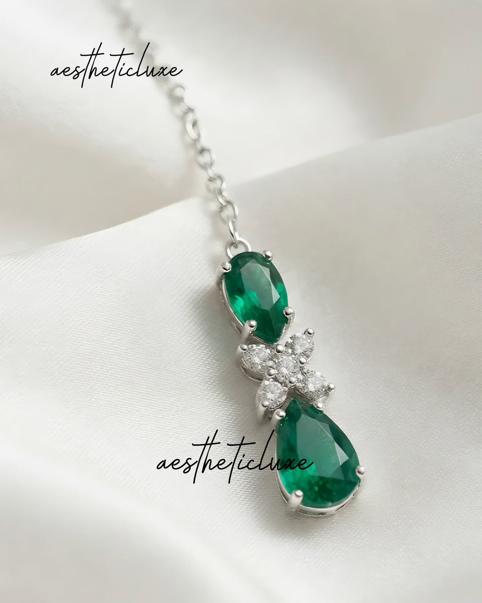 Tara Sutaria Inspired Emerald American Diamond 2 Layer Necklace Set with Earrings and Tikka | CZ AD Green Bridal Wedding Engagement Jewelry