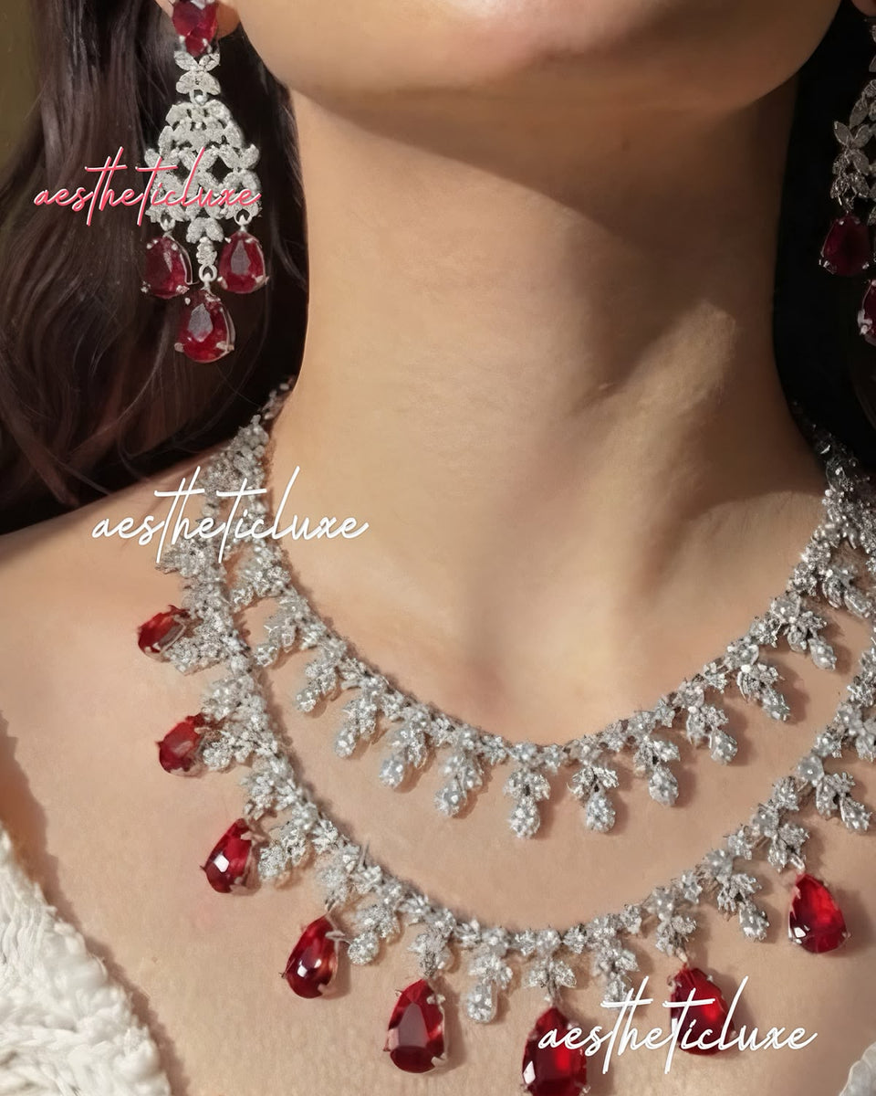 Tara Sutaria Inspired Ruby American Diamond Double Layer Necklace Set with Earrings and Tikka | CZ AD Red Bridal Wedding Engagement Jewelry