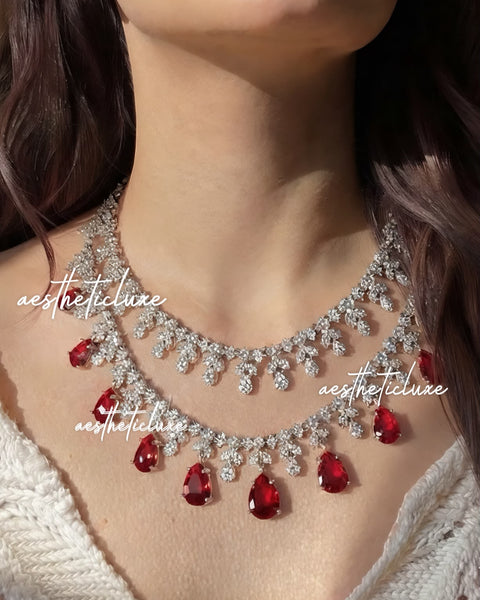 Tara Sutaria Inspired Ruby American Diamond Double Layer Necklace Set with Earrings and Tikka | CZ AD Red Bridal Wedding Engagement Jewelry