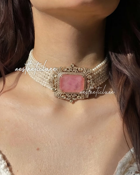 Tyaani Style Pink Doublet Stone Pearl Choker Set | Gold Plated Polki CZ Bridal Necklace with Earrings | Luxury Wedding Statement Jewelry