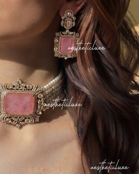 Tyaani Style Pink Doublet Stone Pearl Choker Set | Gold Plated Polki CZ Bridal Necklace with Earrings | Luxury Wedding Statement Jewelry