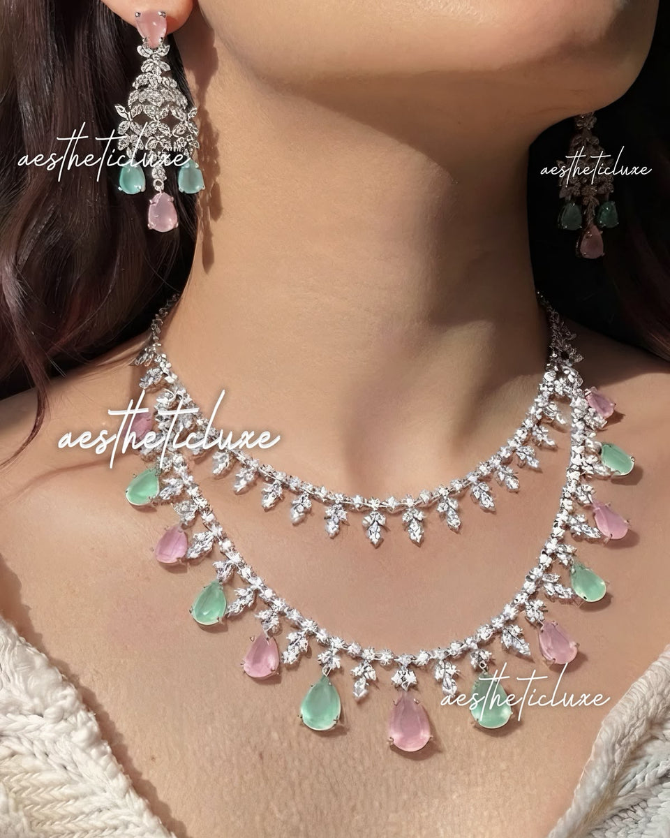 Tara Sutaria Inspired Pink Mint American Diamond Double Layer Necklace Set with Earrings and Tikka | CZ AD Pink Mint Bridal Wedding Set