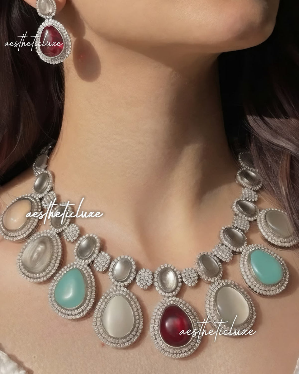 Multicolor Kundan Polki Statement Necklace | Silver Tone CZ Stone Necklace | Bridal & Festive Jewelry Set