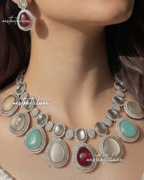 Multicolor Kundan Polki Statement Necklace | Silver Tone CZ Stone Necklace | Bridal & Festive Jewelry Set
