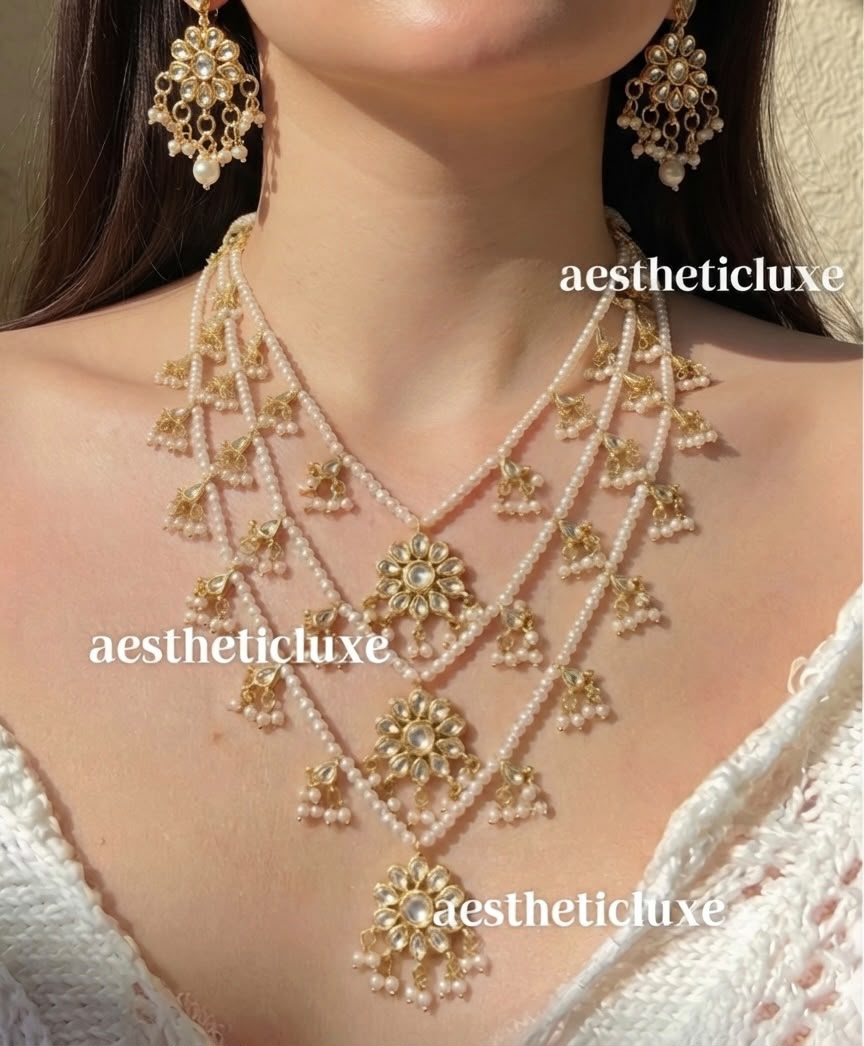 Pearl Kundan Jewelry Set | Indian Bridal Necklace & Earrings | Polki Wedding Jewelry | Dulhan Jewelry | Sabyasachi Wedding Jewelry