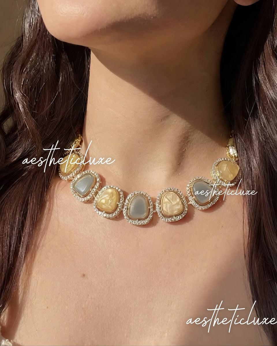 Kundan Polki Choker Set Grey & Gold | Indian Jewelry | CZ Stone Border | Bollywood Style Necklace | Bridal Choker Necklace