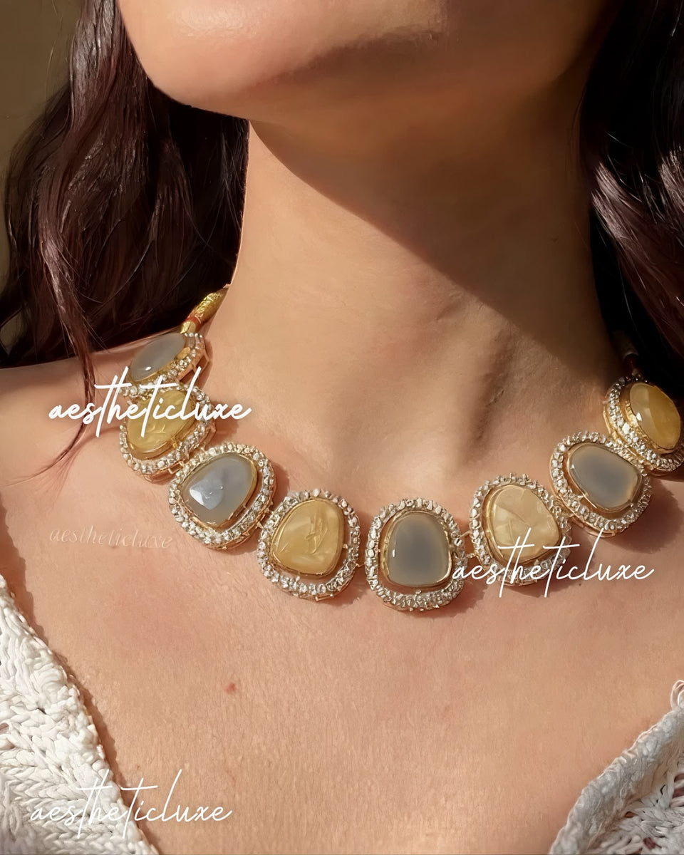 Kundan Polki Choker Set Grey & Gold | Indian Jewelry | CZ Stone Border | Bollywood Style Necklace | Bridal Choker Necklace