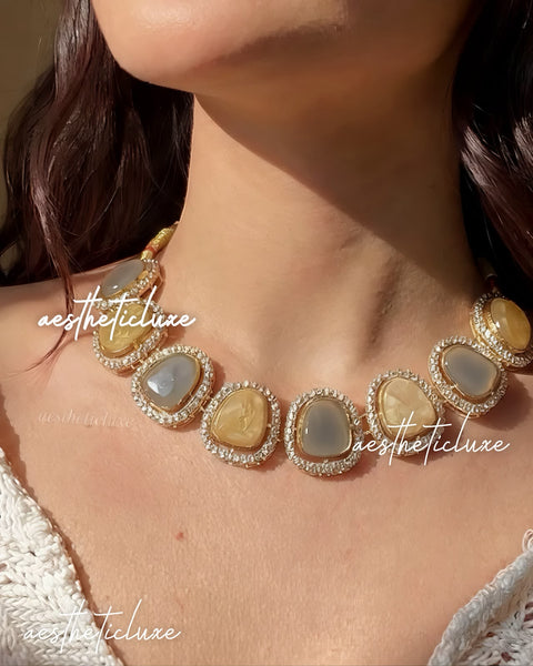 Kundan Polki Choker Set Grey & Gold | Indian Jewelry | CZ Stone Border | Bollywood Style Necklace | Bridal Choker Necklace