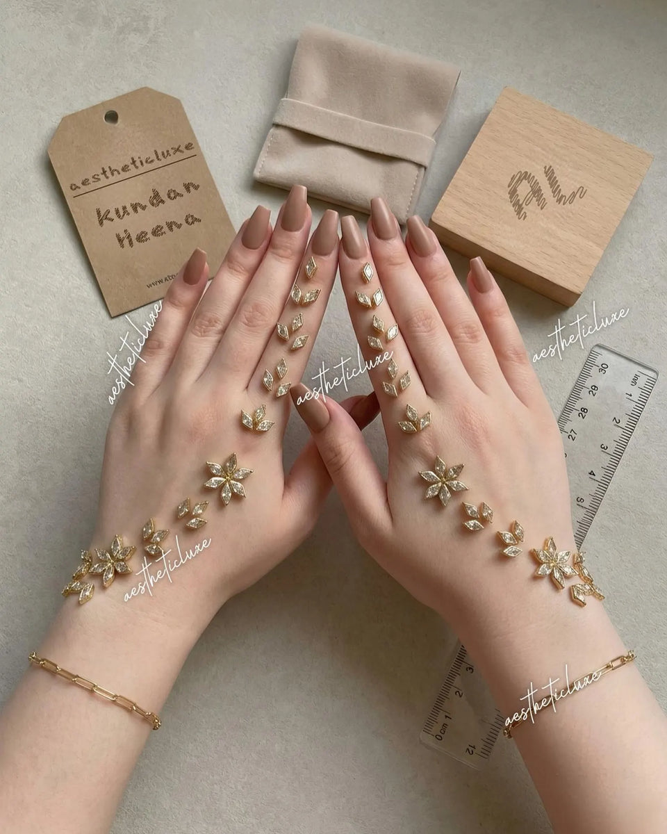 Kundan Mehndi for Hand | Reusable Indian Pakistani Bridal Minimalist Hand Henna Jewelry for Mehndi, Sangeet | Henna Mirror with Beads Gems