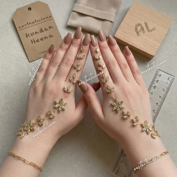 Kundan Mehndi for Hand | Reusable Indian Pakistani Bridal Minimalist Hand Henna Jewelry for Mehndi, Sangeet | Henna Mirror with Beads Gems