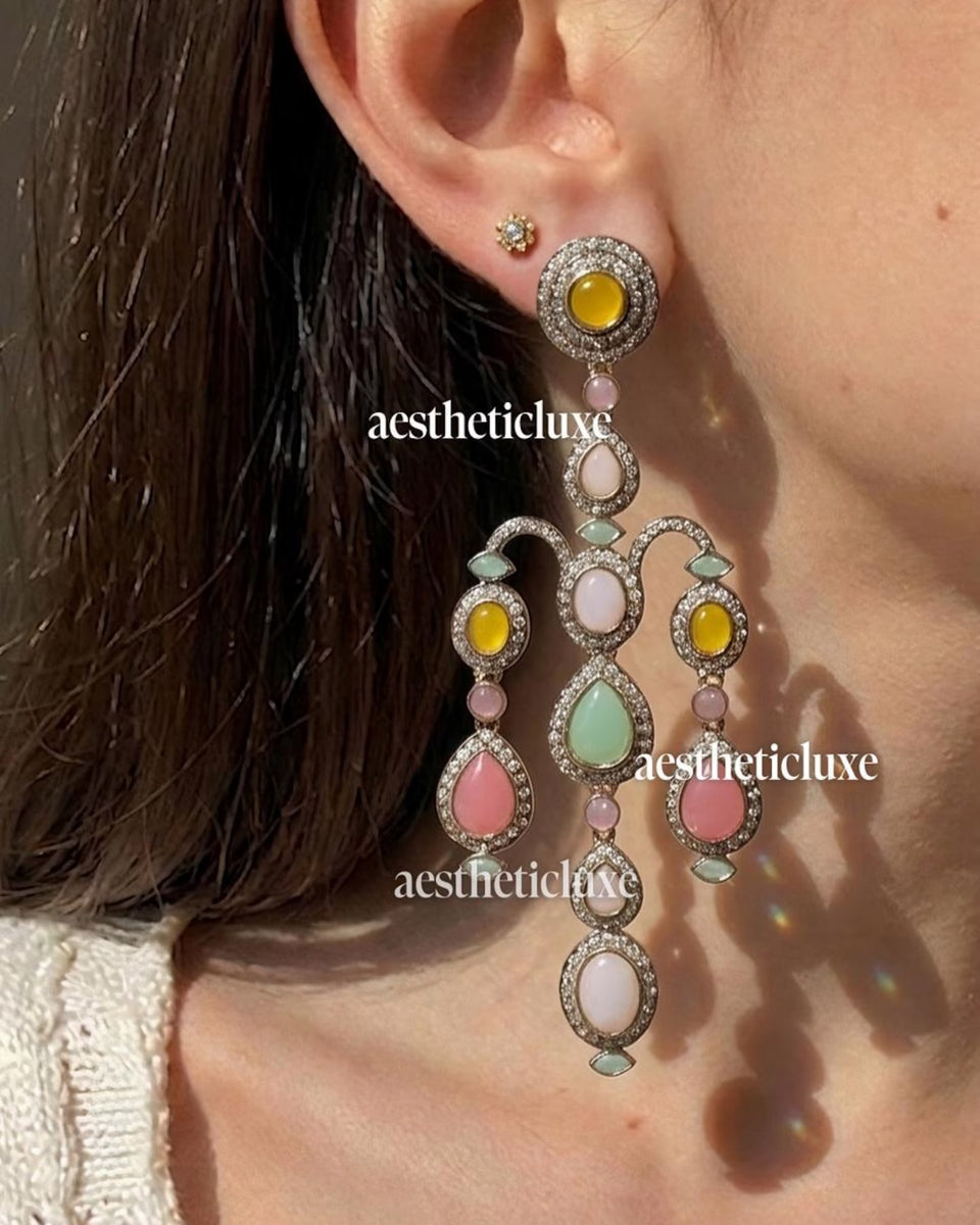 Rainbow Kundan Jhumkas | Long Bridal Indian Earrings | Multicolor Chandelier Jhumka Earrings | Statement Earrings for Mehndi & Sangeet