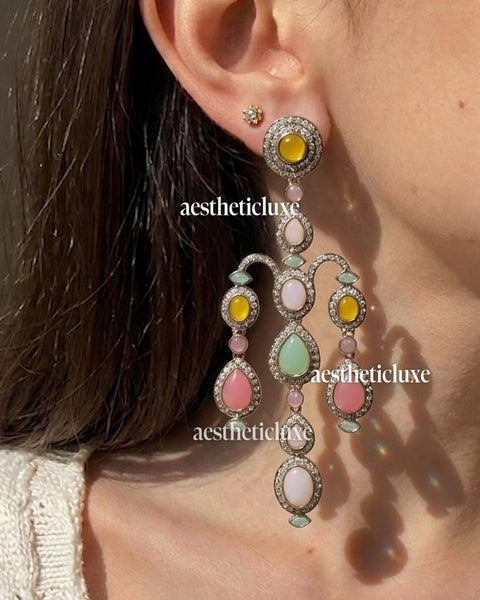Rainbow Kundan Jhumkas | Long Bridal Indian Earrings | Multicolor Chandelier Jhumka Earrings | Statement Earrings for Mehndi & Sangeet