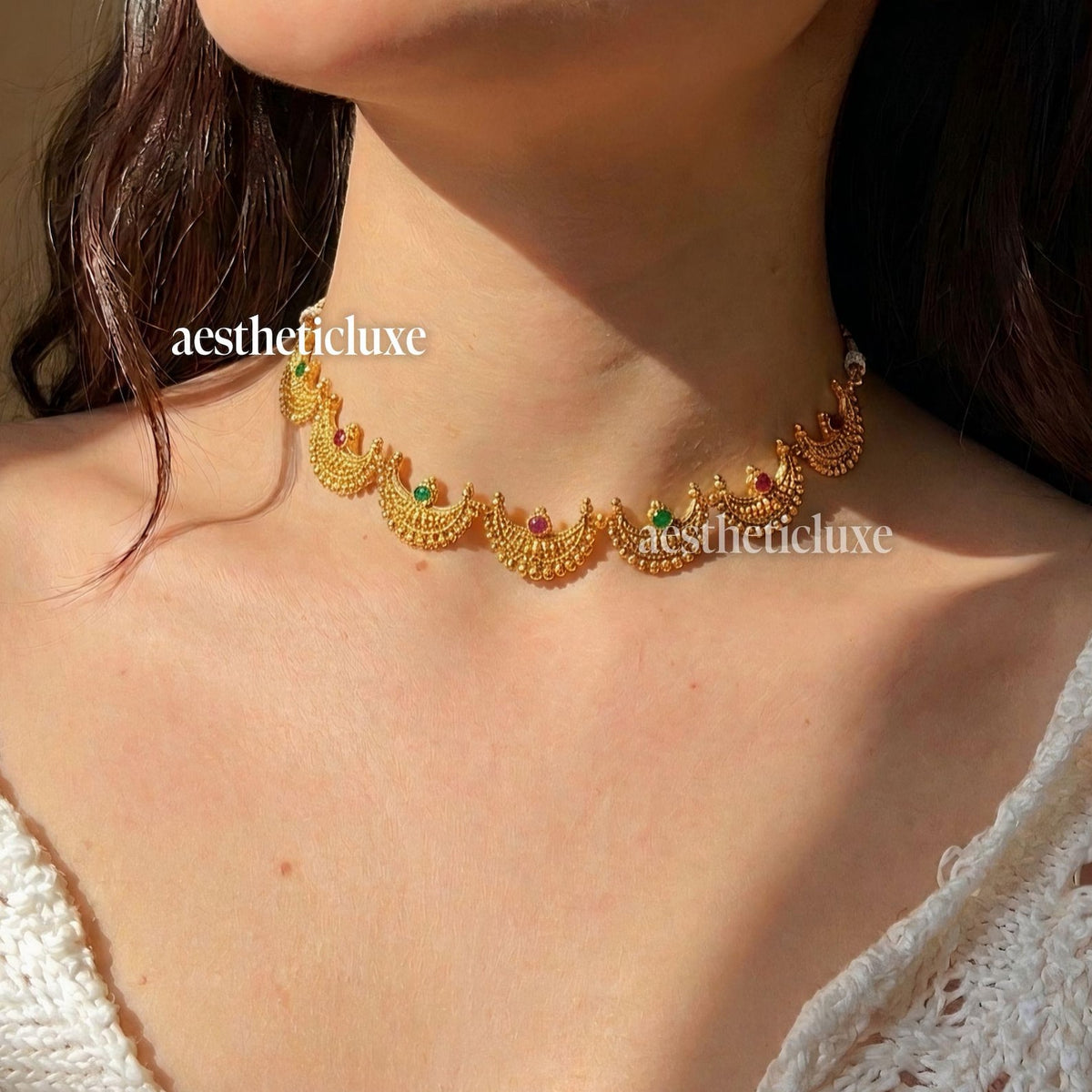 Moon Choker Necklace | South Indian Gold Plated Choker | Maharashtrian Chandrakor Necklace and Earring | Bridal Jewelry Set | Temple Jewelry