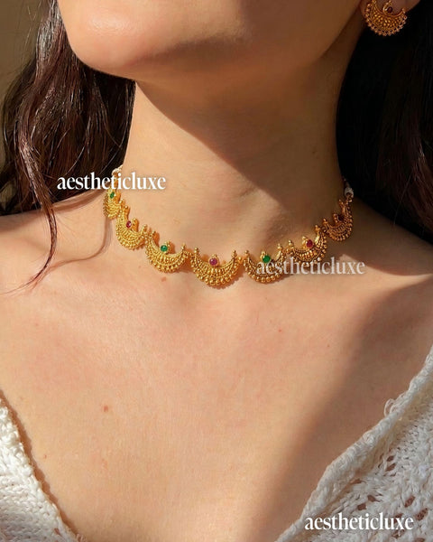 Moon Choker Necklace | South Indian Gold Plated Choker | Maharashtrian Chandrakor Necklace and Earring | Bridal Jewelry Set | Temple Jewelry