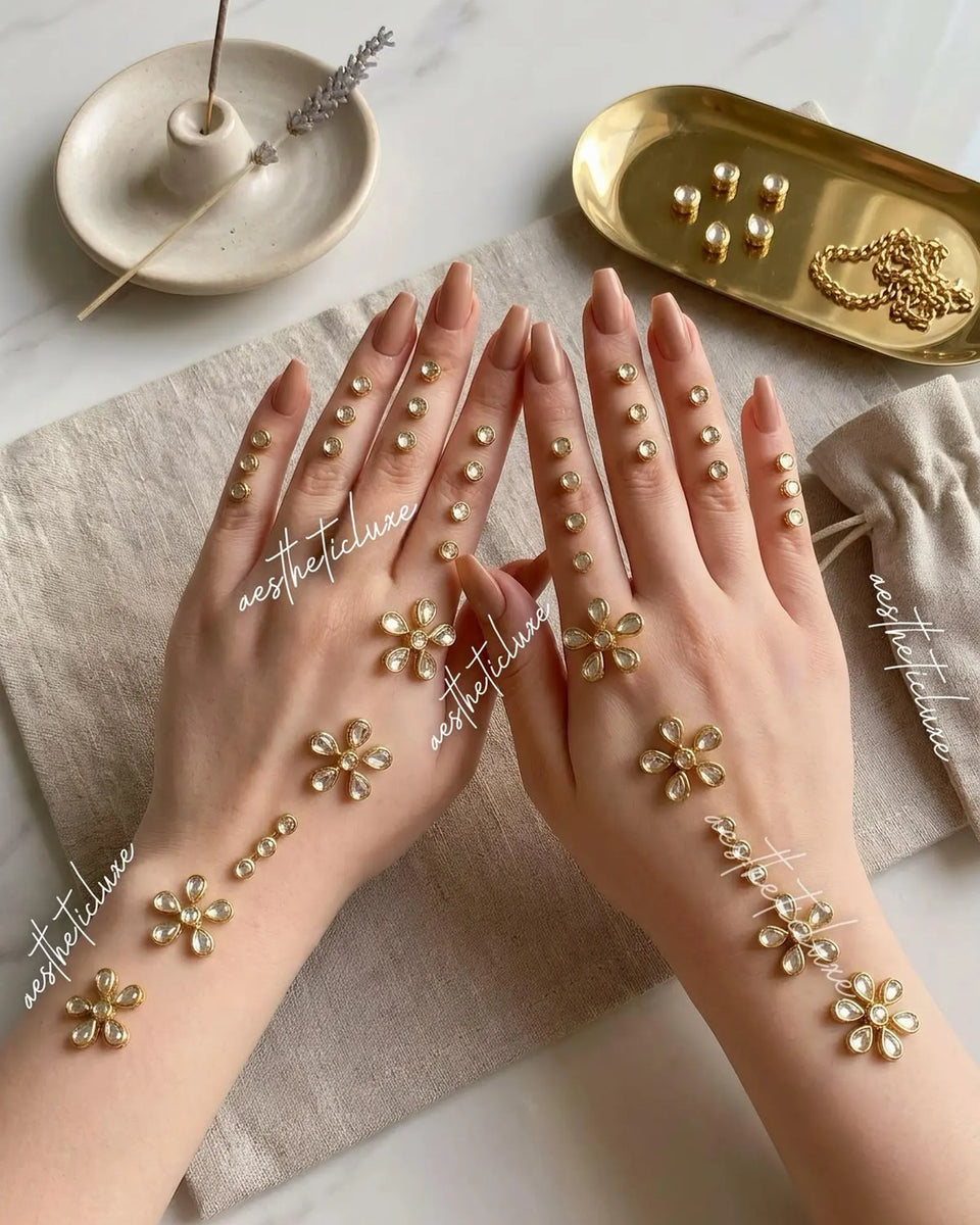 Kundan Mehndi Handmade Sticker | Reusable Indian Bridal Hand Jewelry for Mehndi, Sangeet & Walima | Henna Mirror Work with Beads