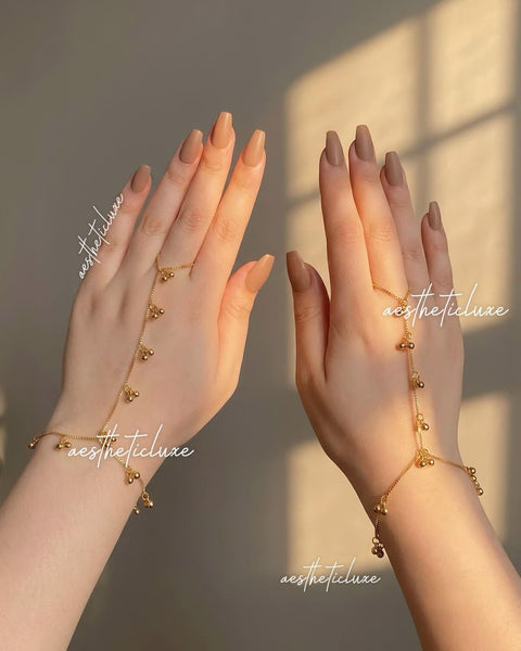 Kashmiri Ghungroo Haathphool | Gold Link Chain Hand Harness | Indian Bridal Ring Bracelet | Minimalist Hand Jewelry Set