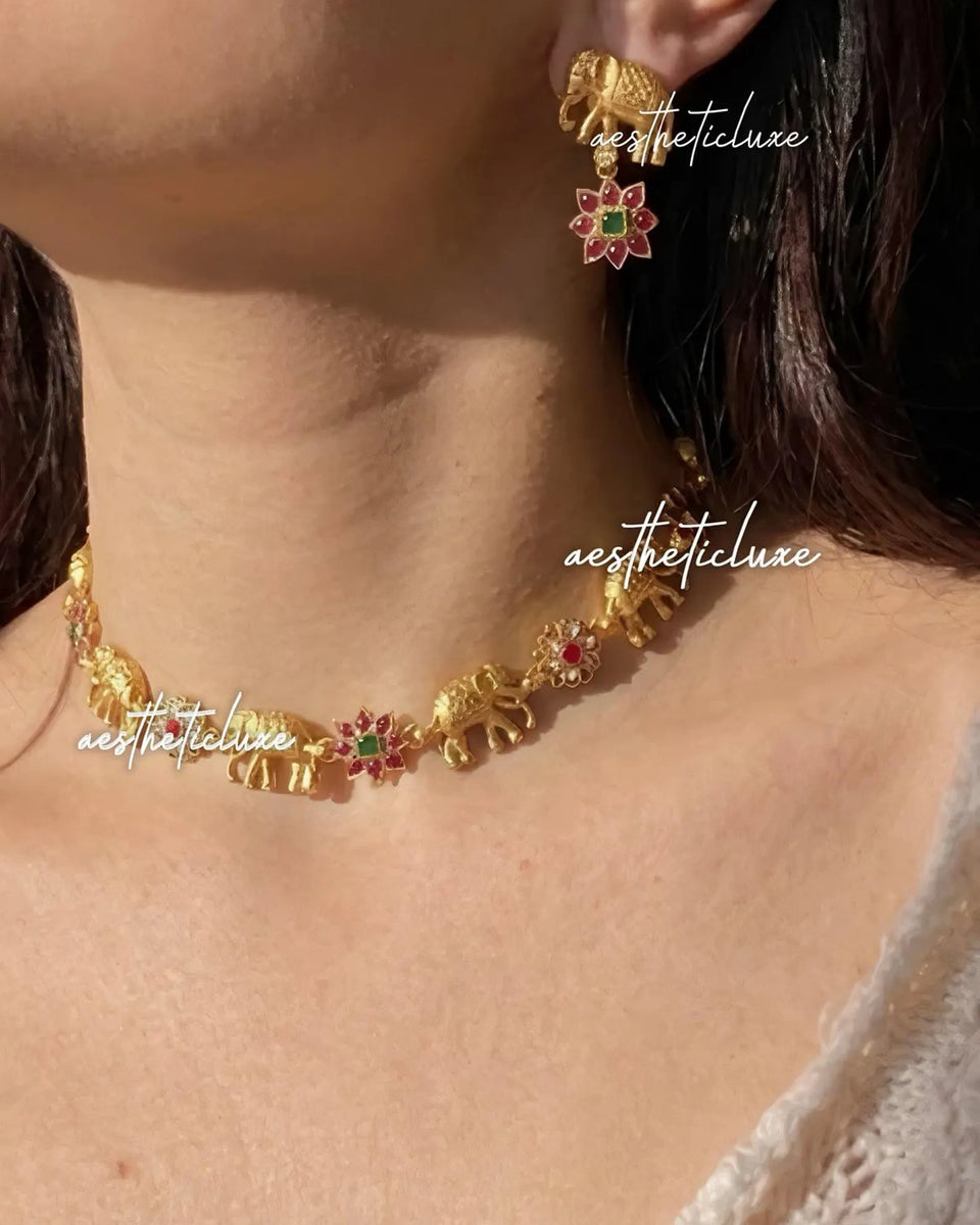 Gold Temple Necklace & Earrings Set | Elephant Motif Floral Choker | South Indian Temple Jewelry | Ethnic Daily Wear |  Festive Gift