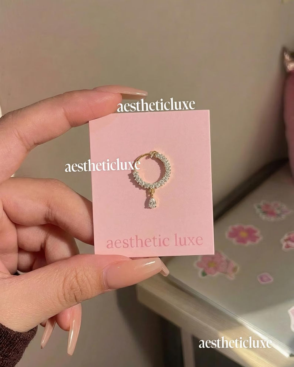 Bridal Nose Ring | Crystal Pave Nose Ring | Gold CZ Nose Piercing Jewelry | Teardrop Dangle Charm | Wedding Nose Ring |  Nose Ring Hoop