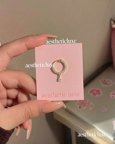 Bridal Nose Ring | Crystal Pave Nose Ring | Gold CZ Nose Piercing Jewelry | Teardrop Dangle Charm | Wedding Nose Ring |  Nose Ring Hoop