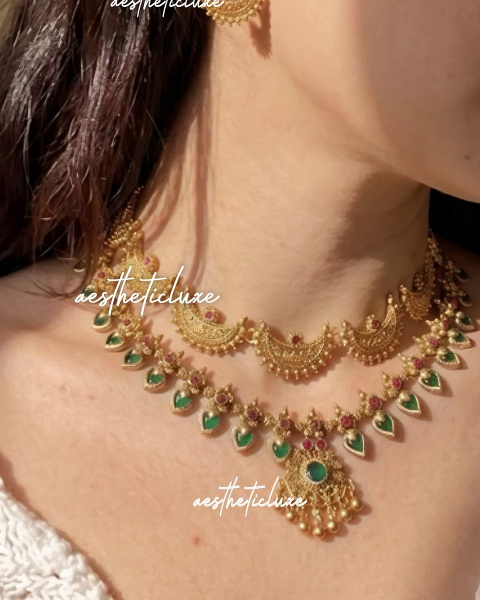 South Indian Moon Layered Temple Necklace Set | Green Kemp Chandrakor Bridal Necklace | Antique Gold Ethnic Statement Jewelry
