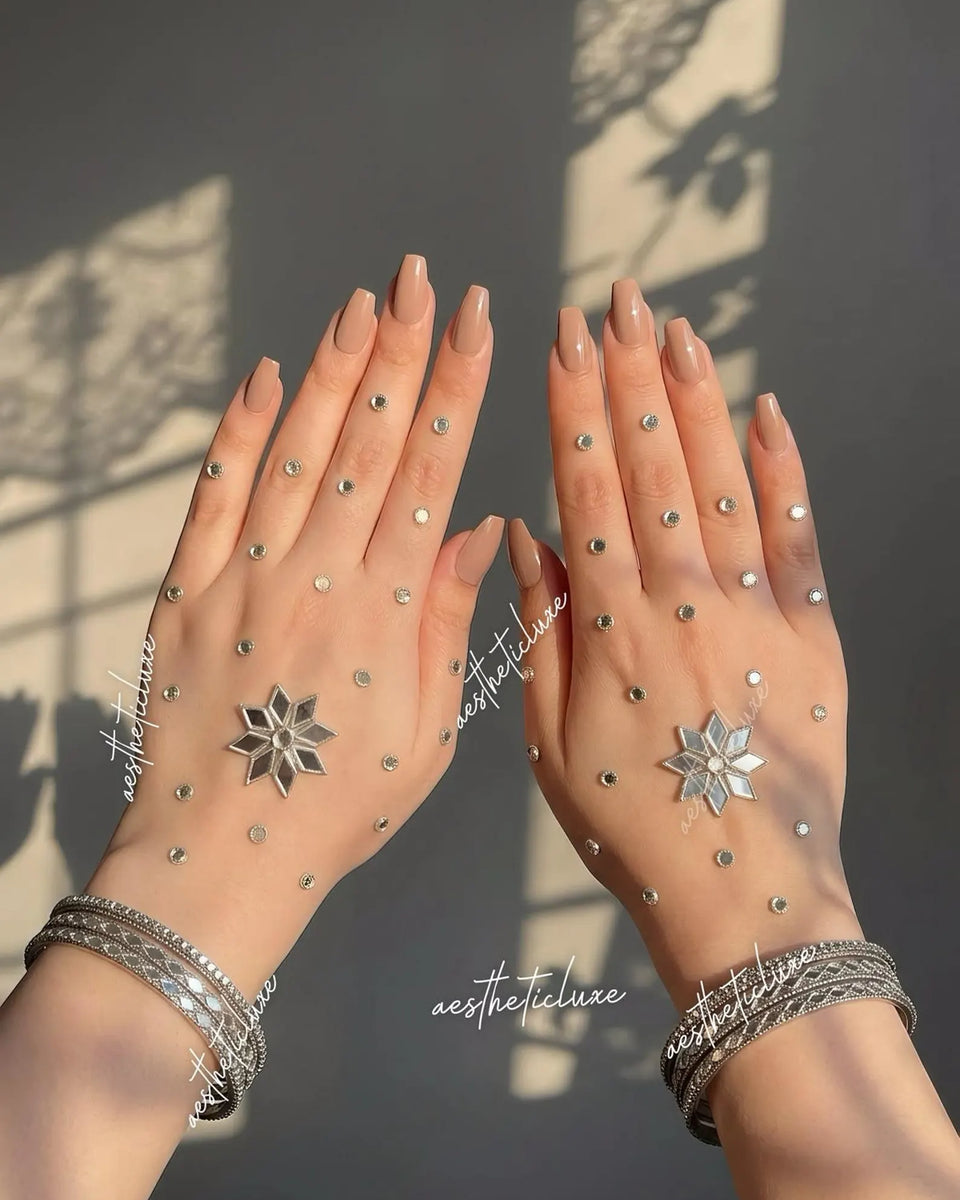 Kundan Mehndi for Hand | Reusable Handmade Indian Bridal Minimalist Hand Henna Jewelry for Mehndi, Sangeet  | Henna Mirror Beads