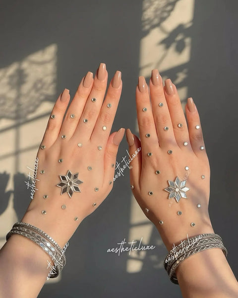 Kundan Mehndi for Hand | Reusable Handmade Indian Bridal Minimalist Hand Henna Jewelry for Mehndi, Sangeet  | Henna Mirror Beads