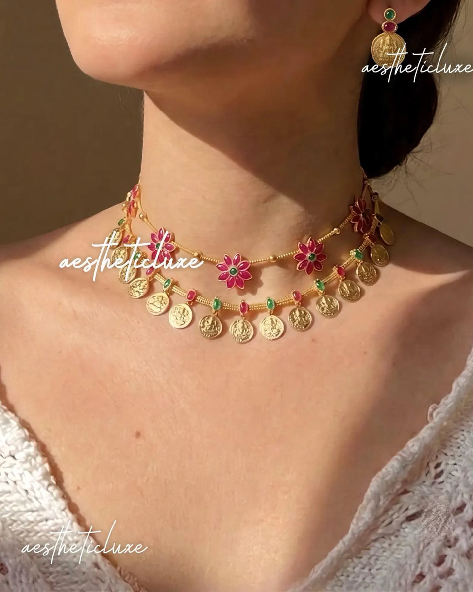 Pink Floral & Kasu Coin Layered Necklace Set | Antique Gold Temple Coin Necklace With Earrings | Minimal Indian Heritage Bridal Jewelry