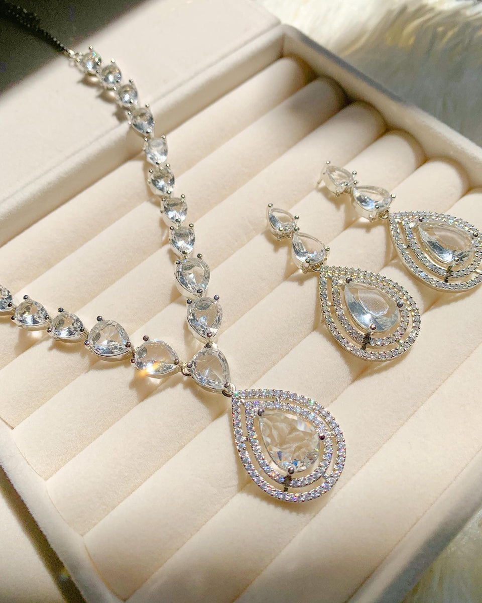 Bridal Necklace Set AD Diamond Jewelry Set Diamond Necklace Silver Wedding Jewelry Crystal Wedding Jewelry Set