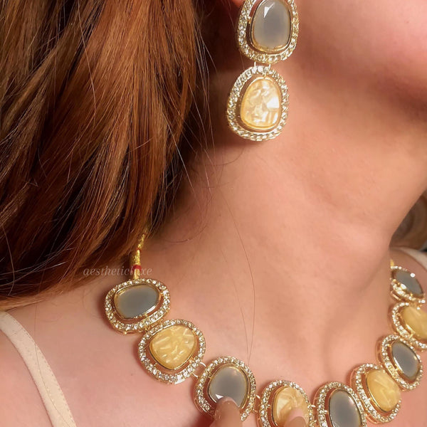 Kundan Polki Choker Set Grey & Gold | Indian Jewelry | CZ Stone Border | Bollywood Style Necklace | Bridal Choker Necklace