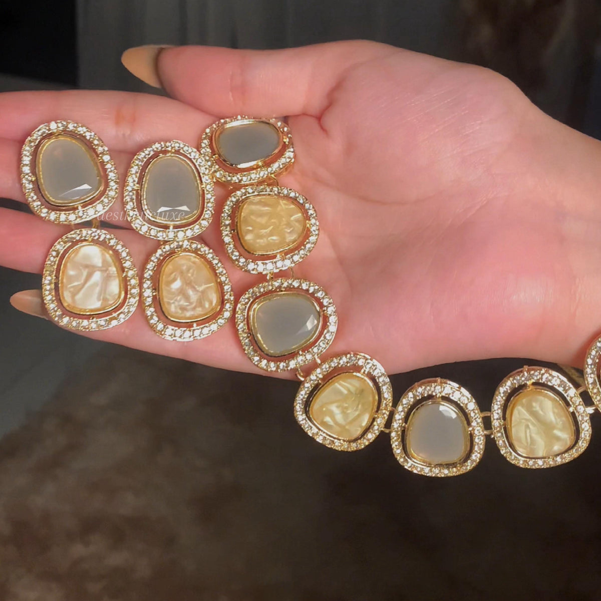 Kundan Polki Choker Set Grey & Gold | Indian Jewelry | CZ Stone Border | Bollywood Style Necklace | Bridal Choker Necklace