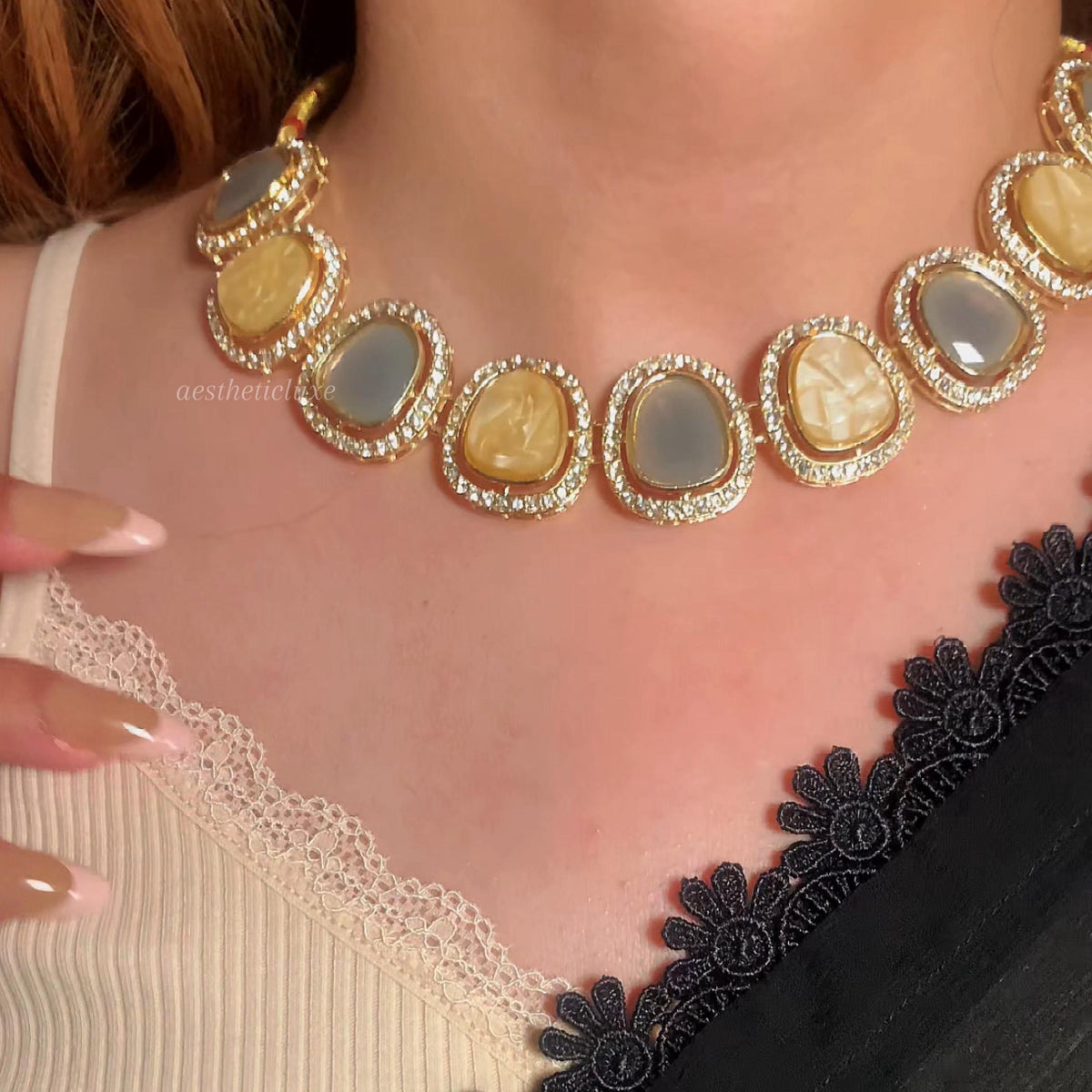 Kundan Polki Choker Set Grey & Gold | Indian Jewelry | CZ Stone Border | Bollywood Style Necklace | Bridal Choker Necklace