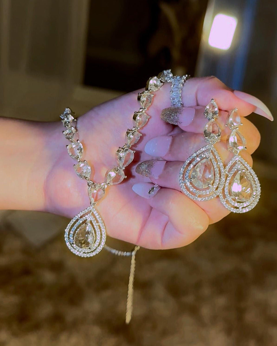 Bridal Necklace Set AD Diamond Jewelry Set Diamond Necklace Silver Wedding Jewelry Crystal Wedding Jewelry Set