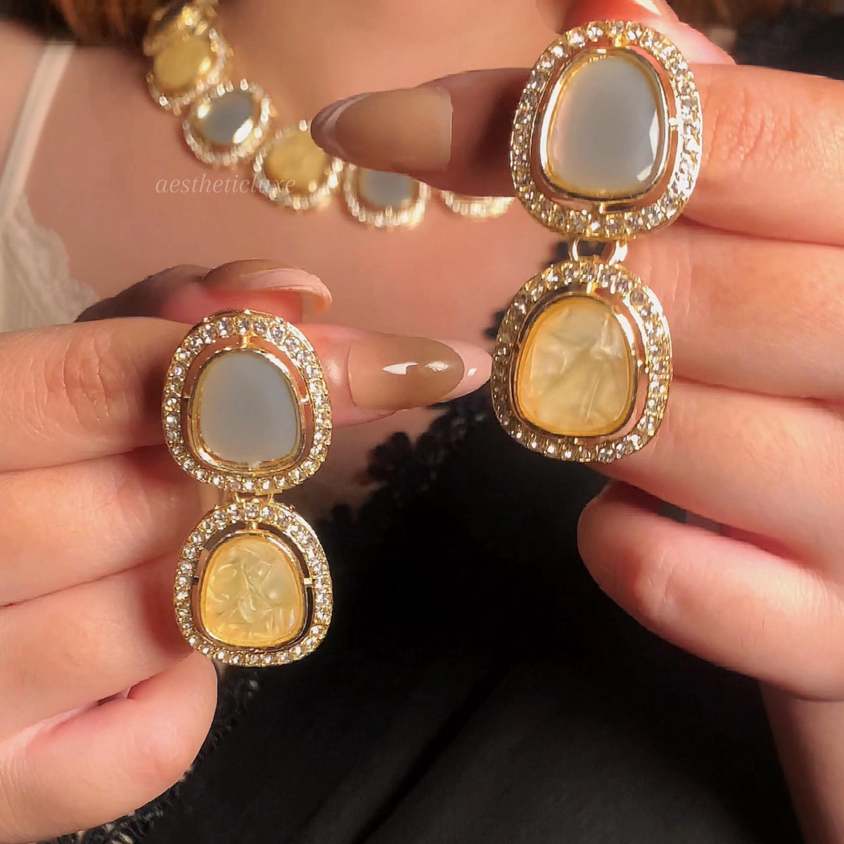 Kundan Polki Choker Set Grey & Gold | Indian Jewelry | CZ Stone Border | Bollywood Style Necklace | Bridal Choker Necklace