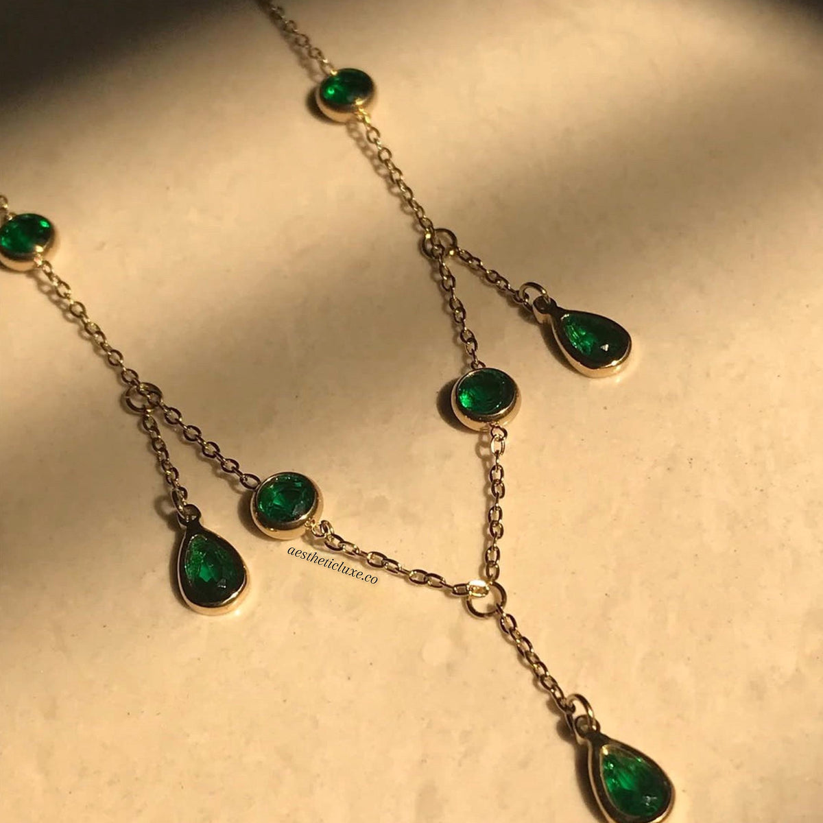 Emerald Teardrop Necklace, May Birthstone Gold Necklace, Dainty Layering Jewelry, Green Gemstone Drop Charm Chain for Women