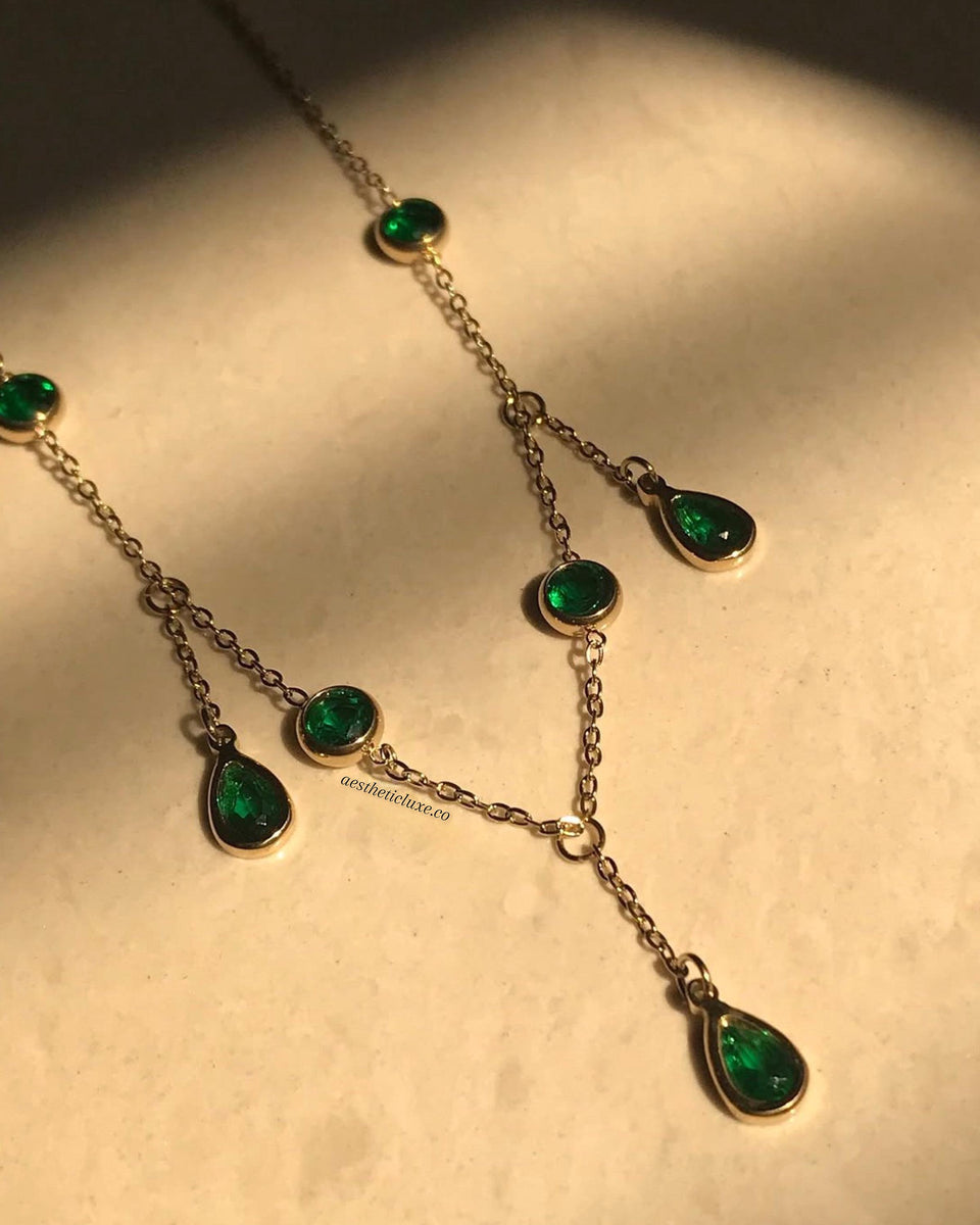Emerald Teardrop Necklace, May Birthstone Gold Necklace, Dainty Layering Jewelry, Green Gemstone Drop Charm Chain for Women