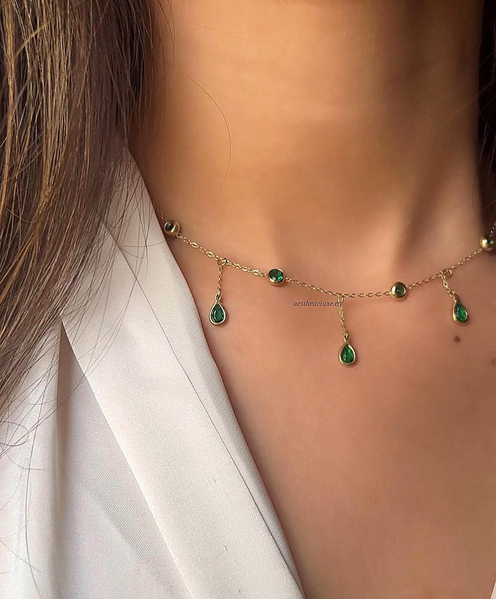 Emerald Teardrop Necklace, May Birthstone Gold Necklace, Dainty Layering Jewelry, Green Gemstone Drop Charm Chain for Women