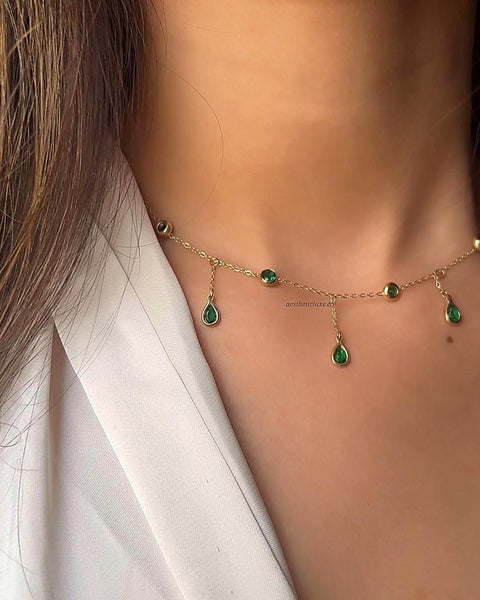 Emerald Teardrop Necklace, May Birthstone Gold Necklace, Dainty Layering Jewelry, Green Gemstone Drop Charm Chain for Women