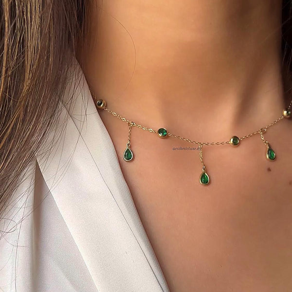 Emerald Teardrop Necklace, May Birthstone Gold Necklace, Dainty Layering Jewelry, Green Gemstone Drop Charm Chain for Women