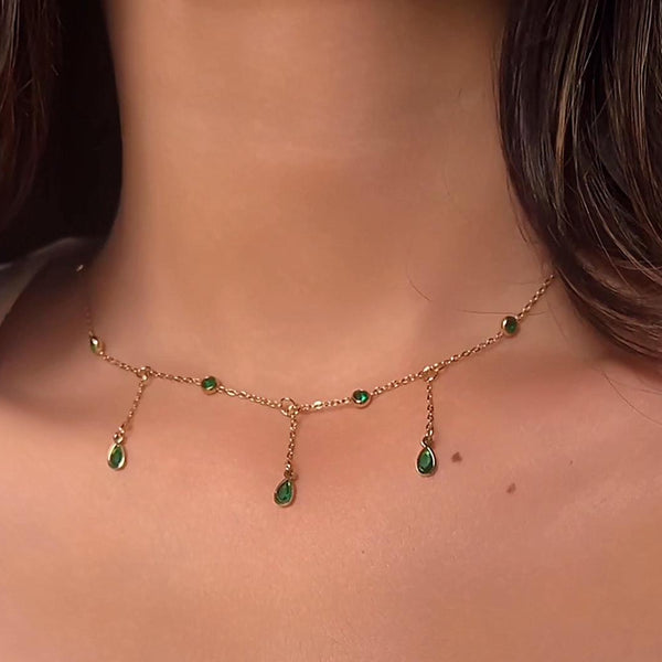 Emerald Teardrop Necklace, May Birthstone Gold Necklace, Dainty Layering Jewelry, Green Gemstone Drop Charm Chain for Women